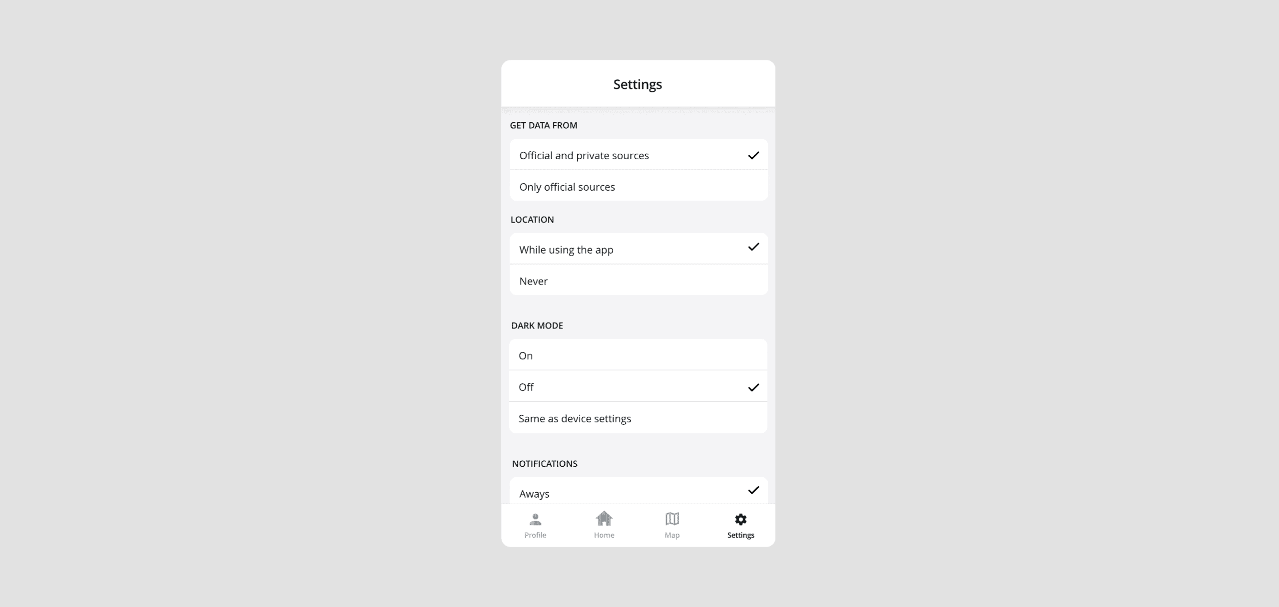Interface transition between light and dark mode