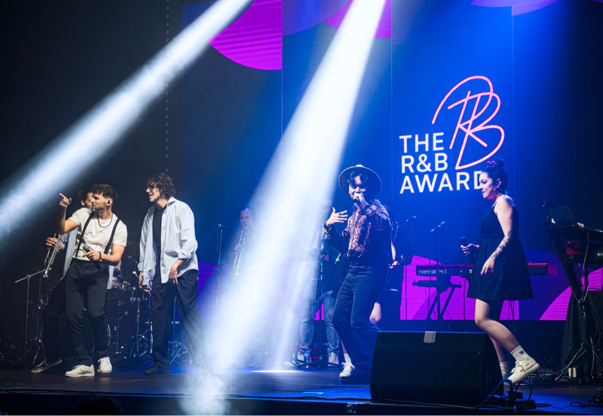 Live band performance at The R&B Awards ceremony with key visual system in motion on stage backdrop — by Lyudmil Dachev.
